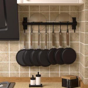 Rack - Pots and Pans Hanging Rack Rail with 8 Hooks, Pot Hangers for Kitchen, Wall Mounted, Black - Image 2