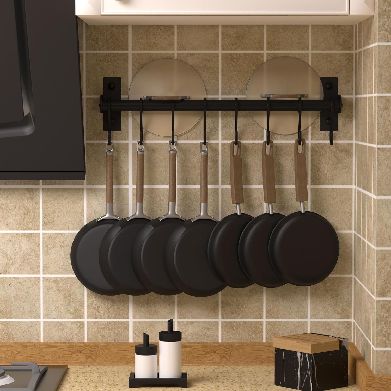 Rack - Pots and Pans Hanging Rack Rail with 8 Hooks, Pot Hangers for Kitchen, Wall Mounted, Black - Image 2