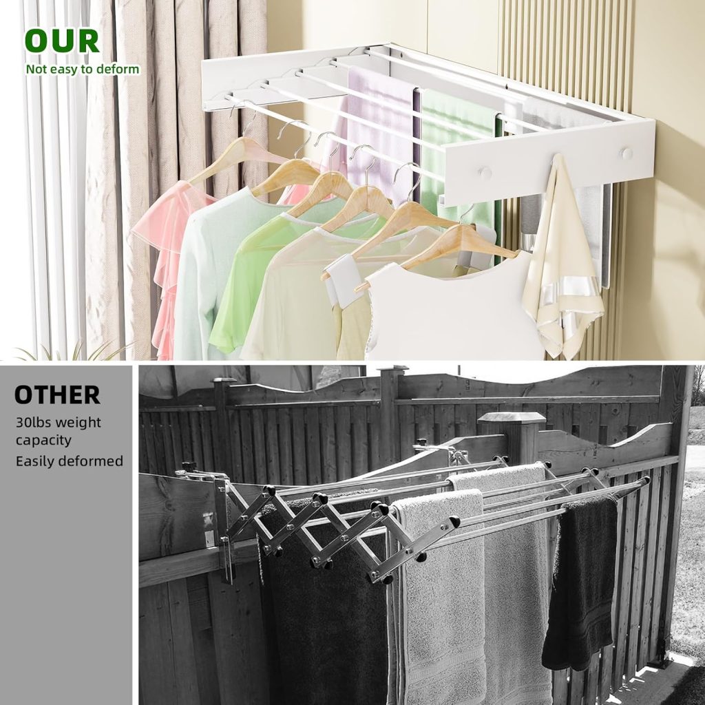 White Wall-Mounted Hidden Clothes Drying Rack, 32 in