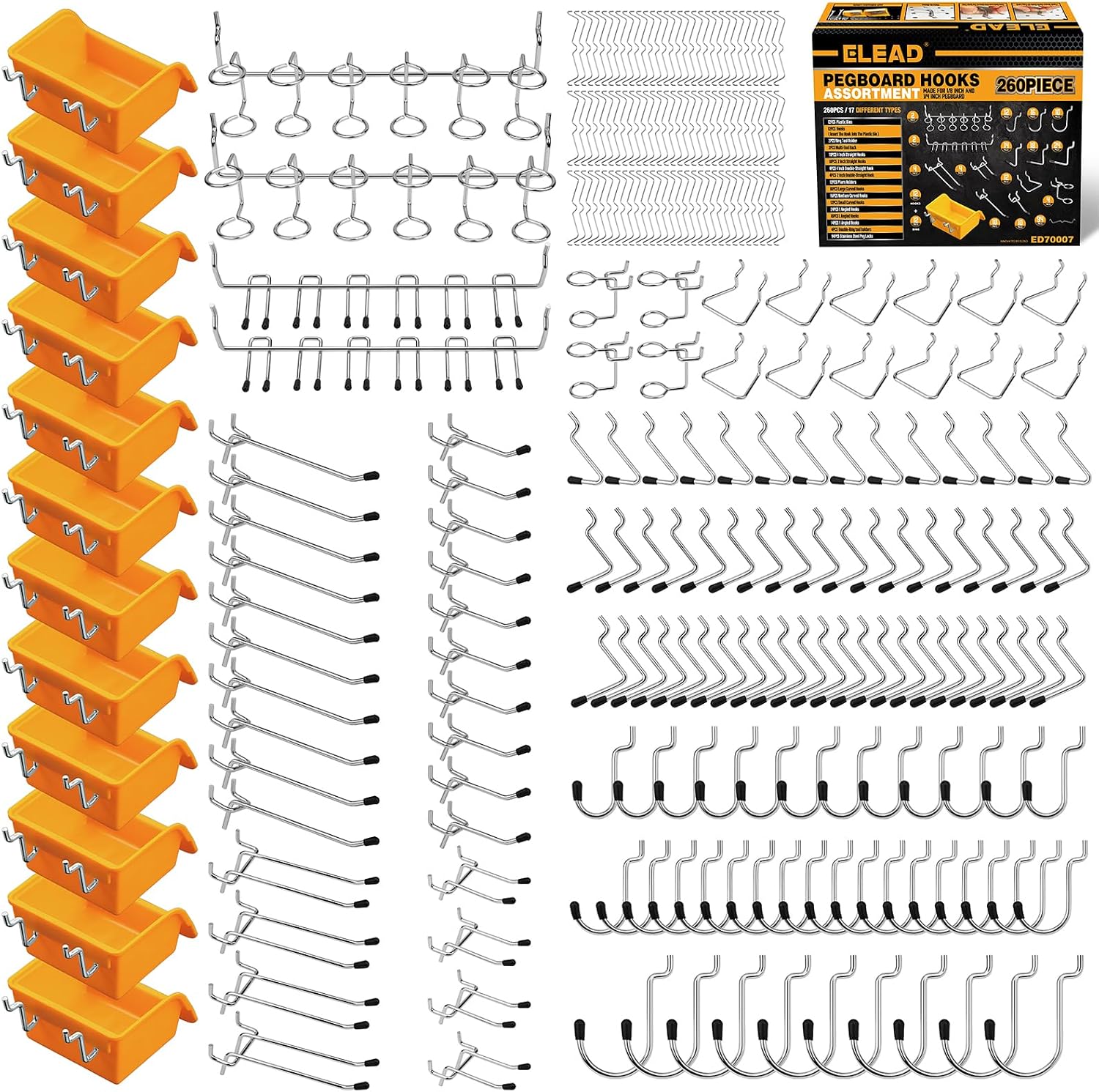 260 Piece Pegboard Hooks 1/8 and 1/4 inch peg Board Organizer Accessories with Pegboard Bins for Organizing Various Tools in The Garage Kitchen - Image 1
