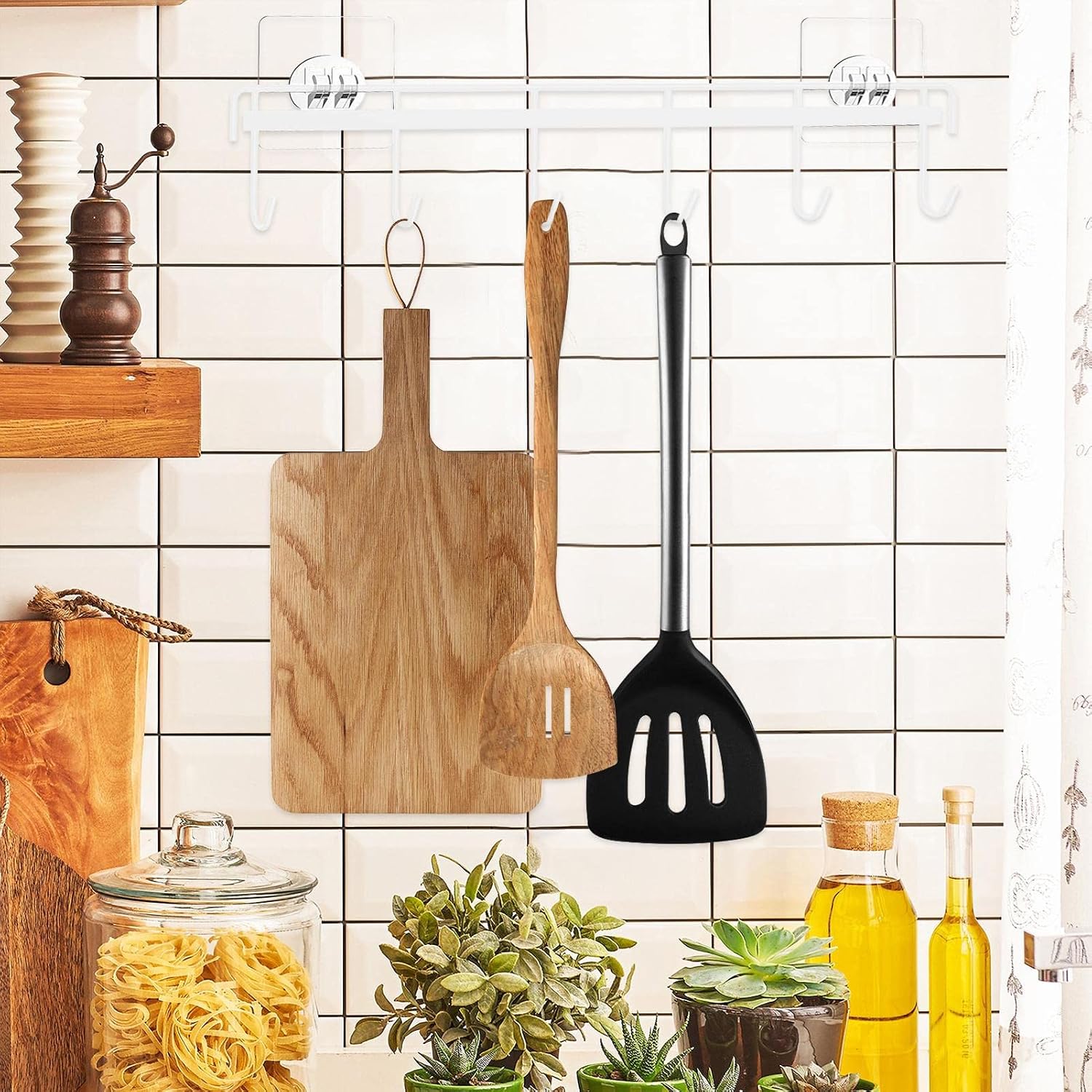 Rack, Self-adhesive Kitchen Utensil Rail Rack with 6 Hooks - Utensil Rack Holder No Drilling Wall Mounted Hanger for Kitchenware Cups Mugs - Image 2