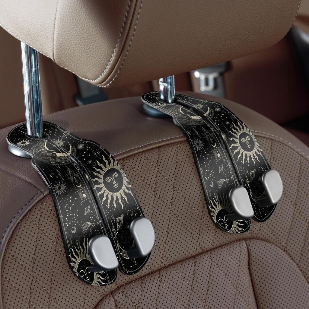 Purse Hook for Car - Universal Premium Stitched Leather and Aluminum-Magnesium Alloy Double Car Seat Back Storage Hook for Purses, Handbags, Bags (2 Pack),Black