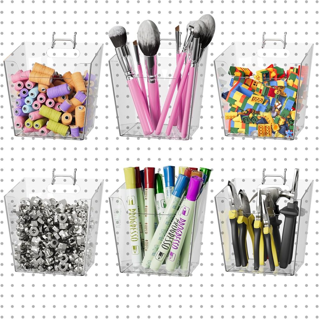 Large Pegboard Cups Peg Board Storage Bin 6 PACK with Hooks, Square Box Shape Pegboard Cup Holder Accessories for Garage Workbench/Craft