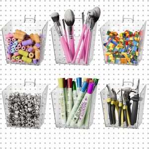 Large Pegboard Cups Peg Board Storage Bin 6 PACK with Hooks, Square Box Shape Pegboard Cup Holder Accessories for Garage Workbench/Craft - Image 1