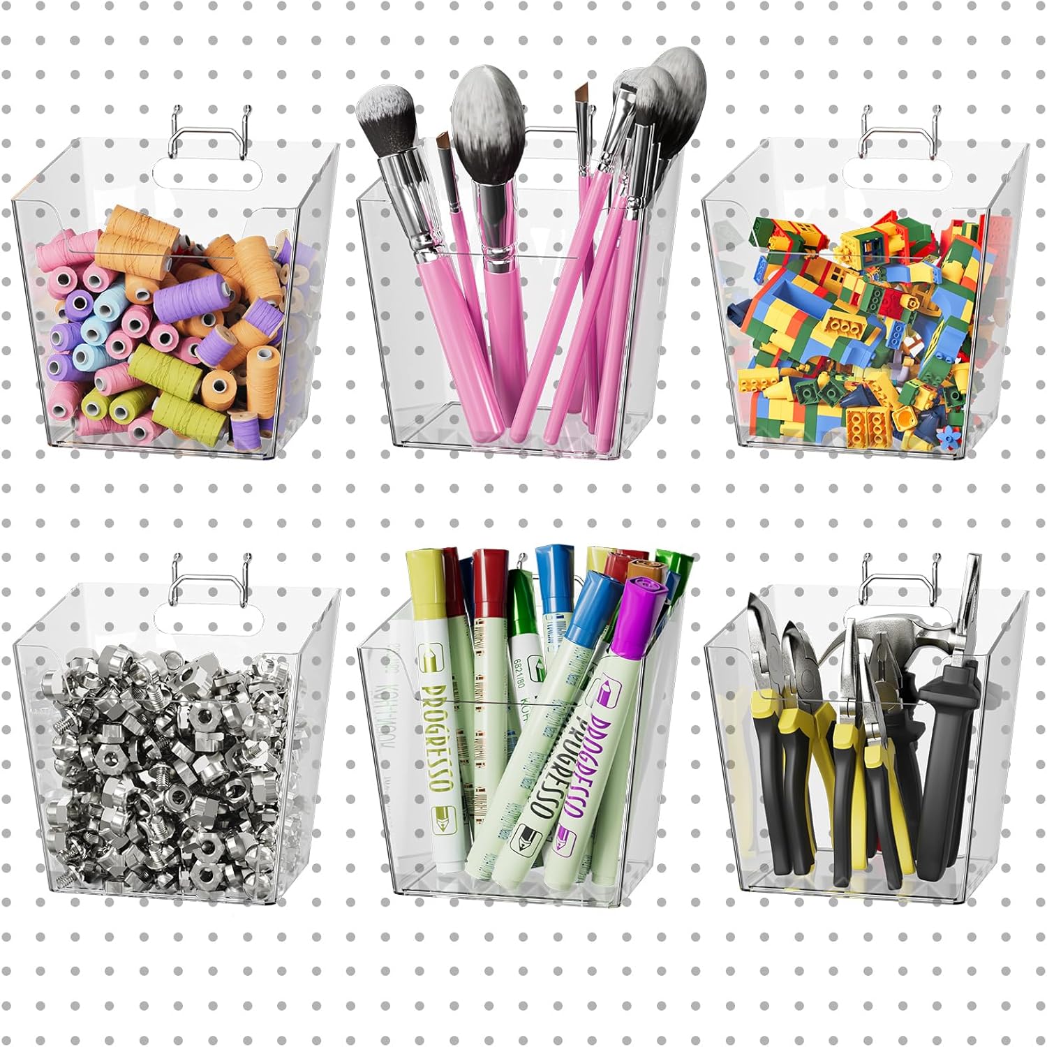 Large Pegboard Cups Peg Board Storage Bin 6 PACK with Hooks, Square Box Shape Pegboard Cup Holder Accessories for Garage Workbench/Craft - Image 1