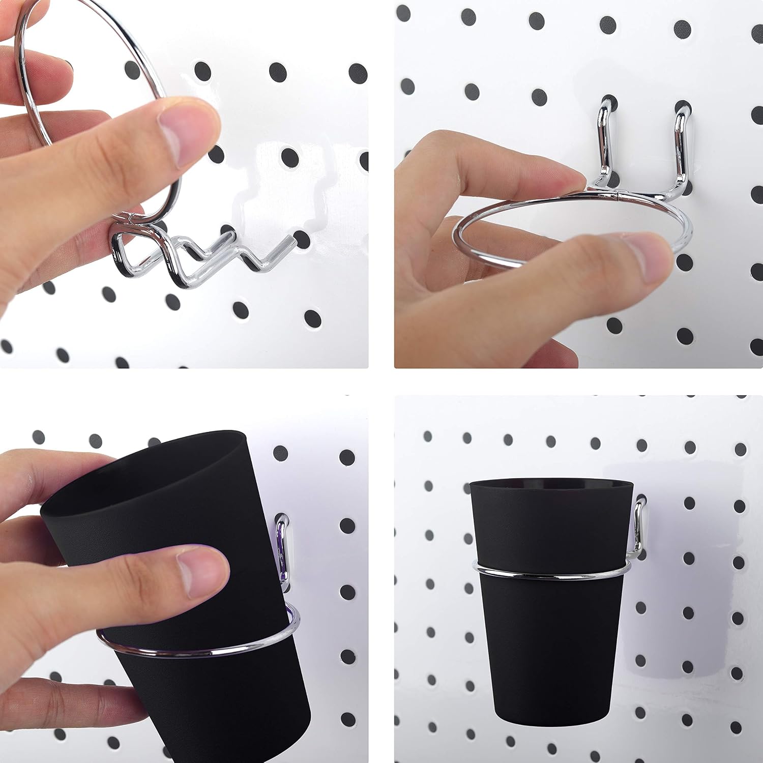Pegboard Hooks and Cups Set for Wall Storage Organization, 6 Ring Style Pegboard Accessories with Black ABS Bins, Stainless Steel Hooks for Garage - Image 3