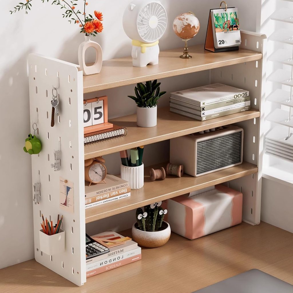 Desktop Organizer Shelf with Pegboard, 2-Tier Tabletop Bookshelf | Multi-Tier Office Desk Organizer with Hooks, White Iron Bookcase for Desk