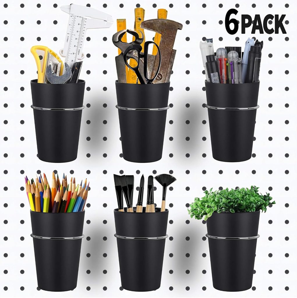 Pegboard Hooks and Cups Set for Wall Storage Organization, 6 Ring Style Pegboard Accessories with Black ABS Bins, Stainless Steel Hooks for Garage