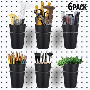 Pegboard Hooks and Cups Set for Wall Storage Organization, 6 Ring Style Pegboard Accessories with Black ABS Bins, Stainless Steel Hooks for Garage - Image 1