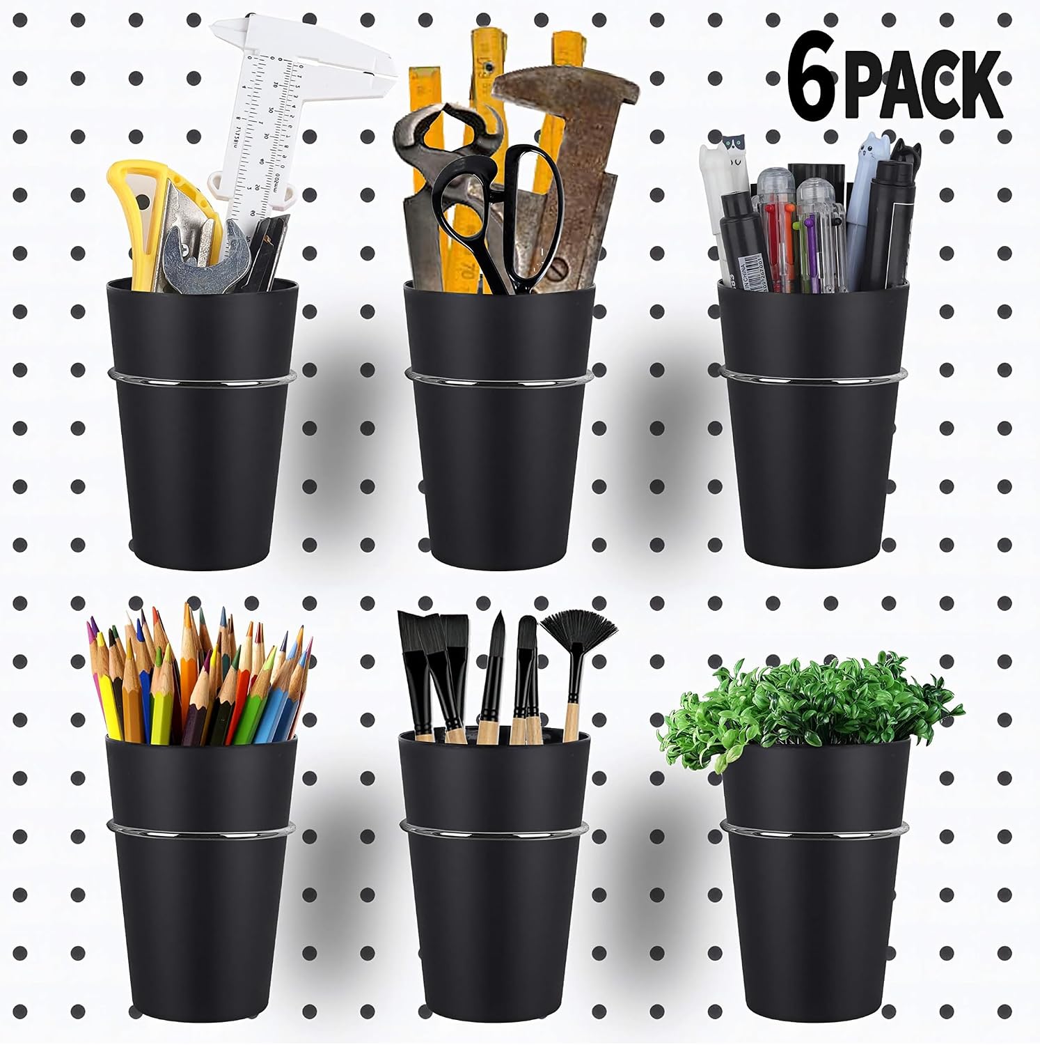 Pegboard Hooks and Cups Set for Wall Storage Organization, 6 Ring Style Pegboard Accessories with Black ABS Bins, Stainless Steel Hooks for Garage - Image 1