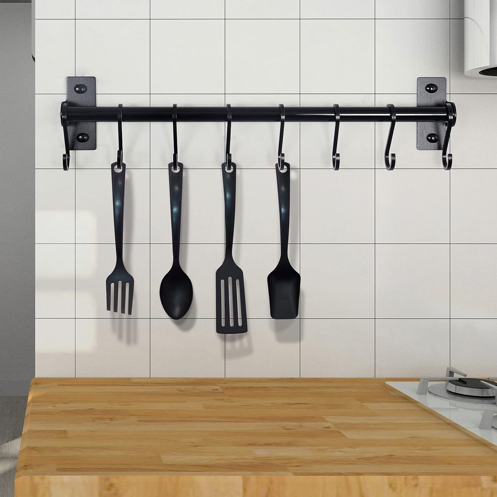 Rack - Pots and Pans Hanging Rack Rail with 8 Hooks, Pot Hangers for Kitchen, Wall Mounted, Black