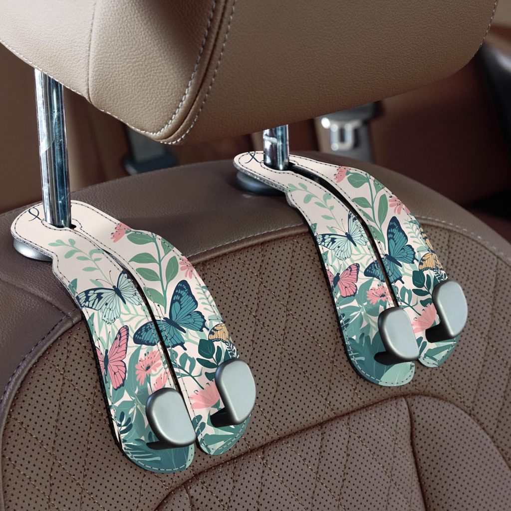 Purse Hook for Car - Universal Premium Stitched Leather and Aluminum-Magnesium Alloy Double Car Seat Back Storage Hook for Purses, Handbags, Bags (2 Pack),Black