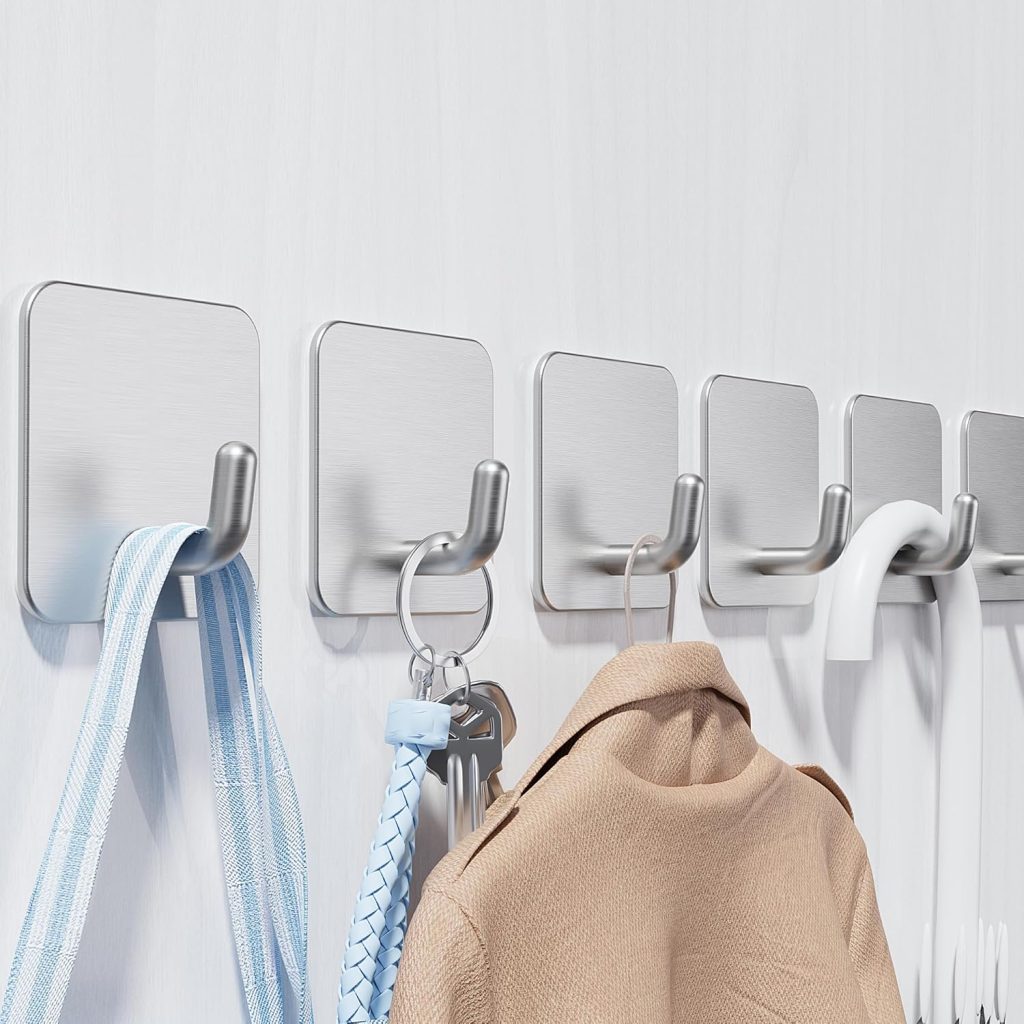 6 Pack Self Adhesive Hooks, Stainless Steel Sticky Hook Heavy Duty, Over 8kg Load - Hooks for Hanging for Towel, Coat, Key, Stick on Bathroom, Kitchen, Door and Wall