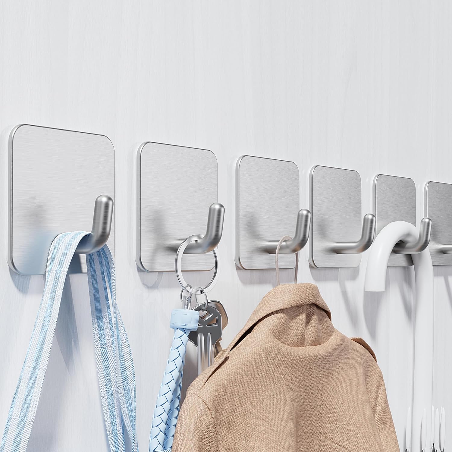 6 Pack Self Adhesive Hooks, Stainless Steel Sticky Hook Heavy Duty, Over 8kg Load - Hooks for Hanging for Towel, Coat, Key, Stick on Bathroom, Kitchen, Door and Wall - Image 1