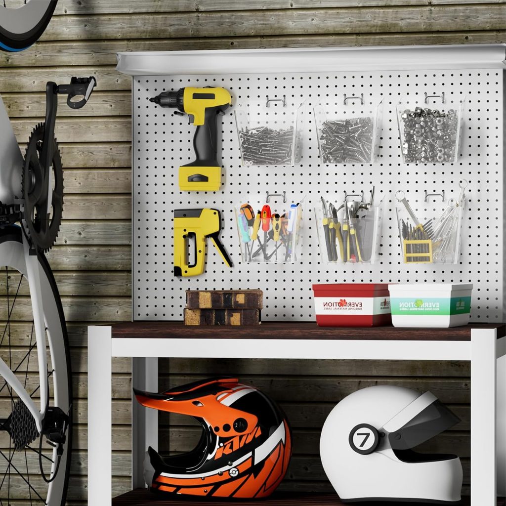 Large Pegboard Cups Peg Board Storage Bin 6 PACK with Hooks, Square Box Shape Pegboard Cup Holder Accessories for Garage Workbench/Craft