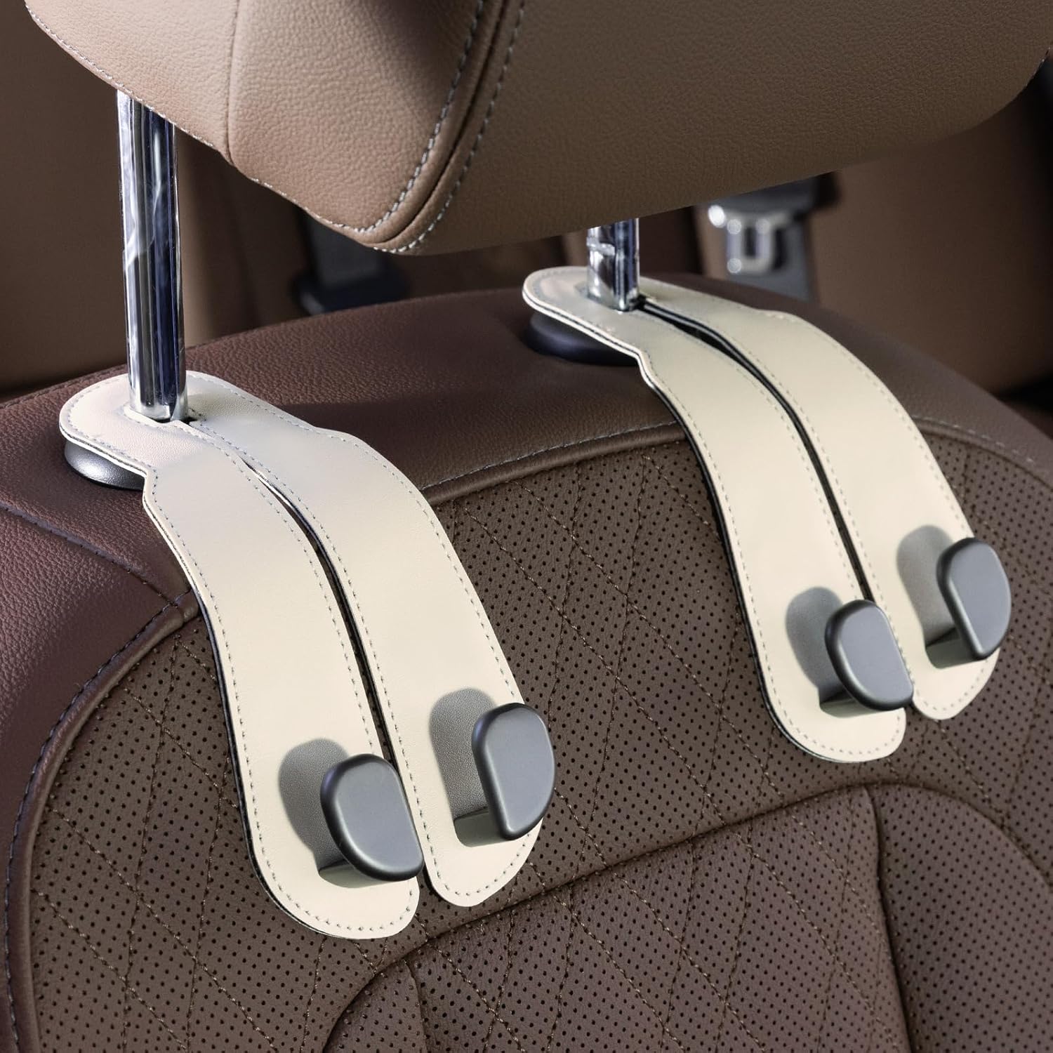 Purse Hook for Car - Universal Premium Stitched Leather and Aluminum-Magnesium Alloy Double Car Seat Back Storage Hook for Purses, Handbags, Bags (2 Pack),Black - Image 6