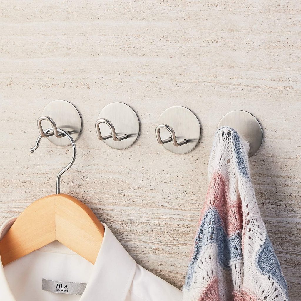 Self Adhesive Hooks, Stick on Hooks Holder for Tea Towel, Robe, Coat, Kitchen, Bathrooms - Stainless Steel, Waterproof & Rustproof, 4 Pack