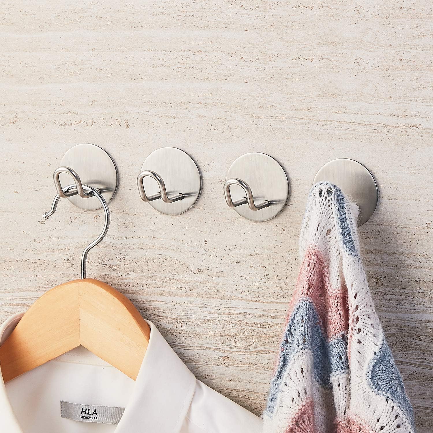 Self Adhesive Hooks, Stick on Hooks Holder for Tea Towel, Robe, Coat, Kitchen, Bathrooms - Stainless Steel, Waterproof & Rustproof, 4 Pack - Image 1