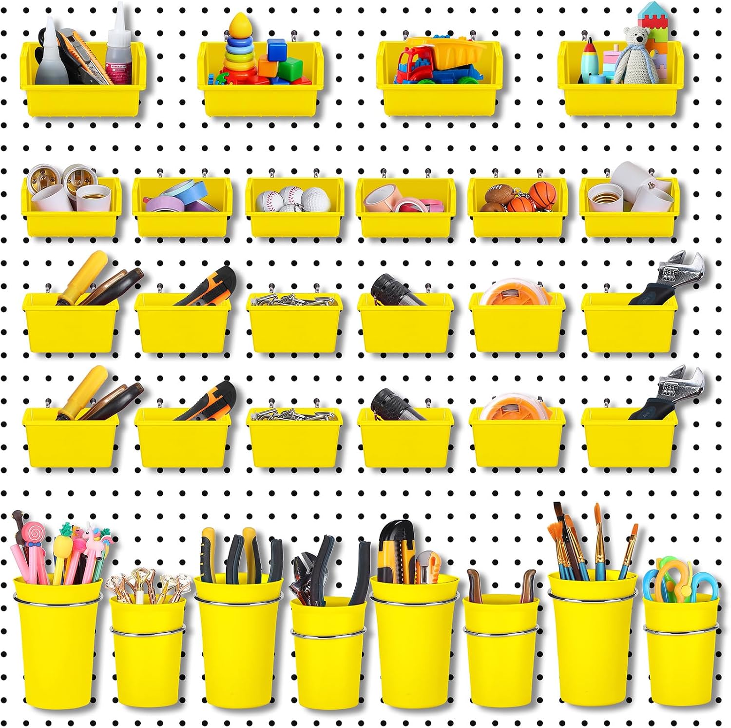 60 Pcs Pegboard Cups Bins Set, Wall Organizer with Hooks and Loops, Peg Assortment Accessory for Office Storage Garage Craft Workshop (White) - Image 4