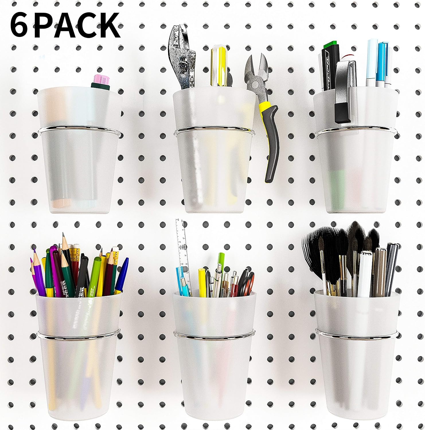6 Set Pegboard Hooks with Cups, Ring Style Bins with Rings, Pegboard Cup Holder Accessories for Organizing Storage (Transparent) - Image 1