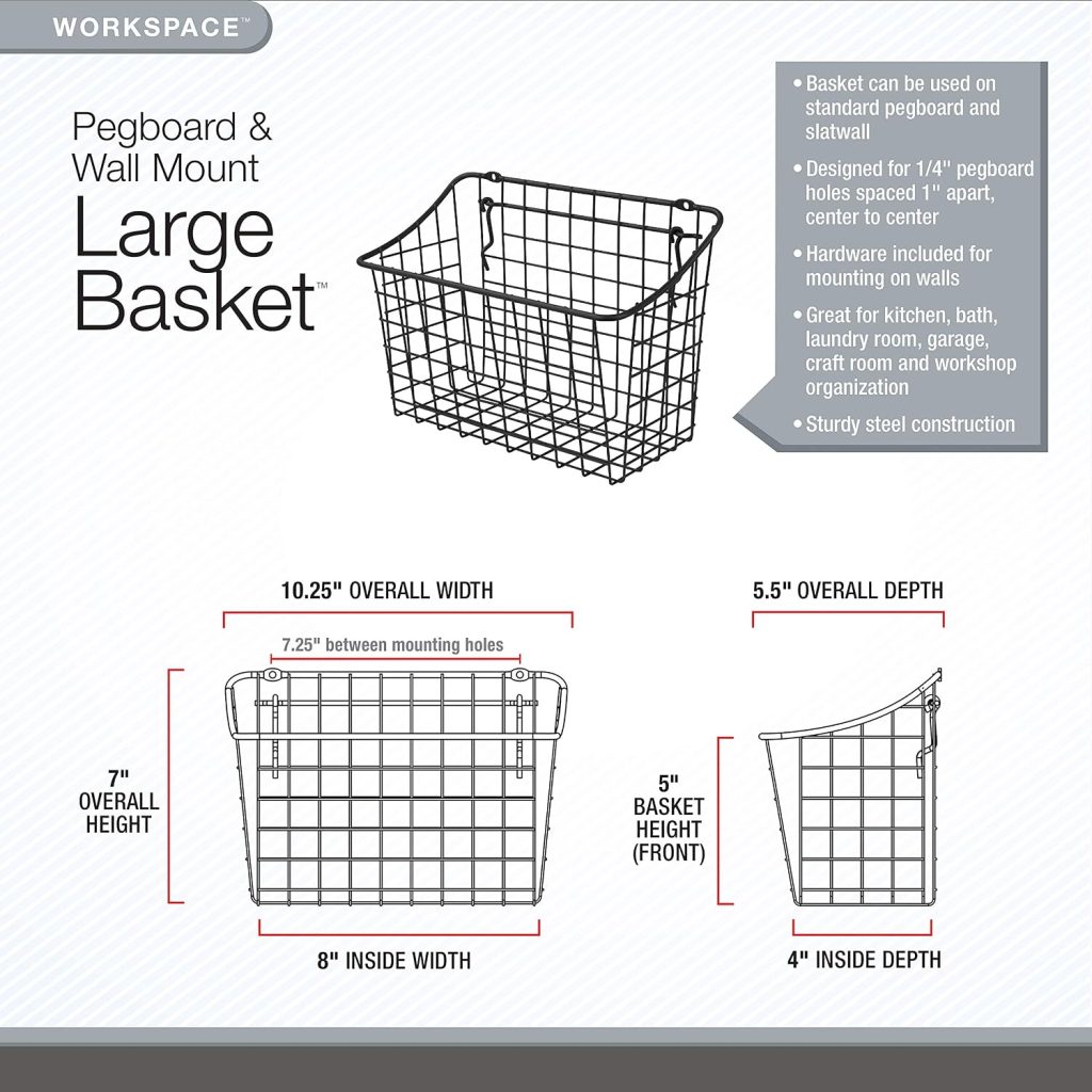 Pegboard & Wall Mount Basket, 10" x 5" 7", Industrial Gray, 10, L