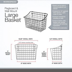 Pegboard & Wall Mount Basket, 10" x 5" 7", Industrial Gray, 10, L - Image 3